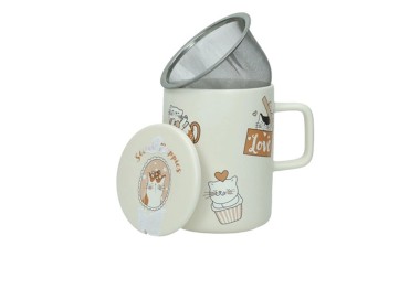 TAZZA INFUSIONE MUG GATTI CON TAPPO PORCELLANA BIANCA