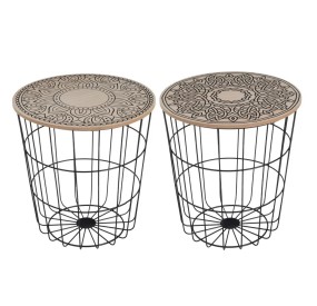 TAVOLINO METALLO NERO LEGNO DECORATO H.42cm