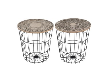 TAVOLINO METALLO NERO LEGNO DECORATO H.42cm