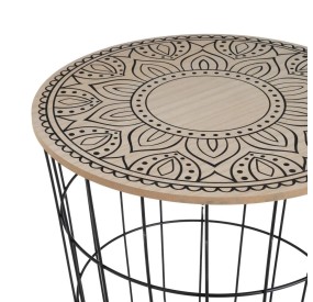 TAVOLINO METALLO NERO LEGNO DECORATO H.42cm