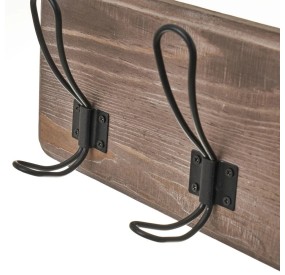 DARK WOOD WALL COAT HANGER BLACK METAL HOOKS
