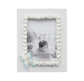 WHITE WOOD PHOTO FRAME WITH LIGHT BLUE BOW