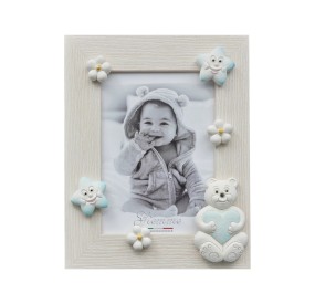 WHITE WOOD PHOTO FRAME BEAR HEART BLUE