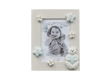 WHITE WOOD PHOTO FRAME BEAR HEART BLUE