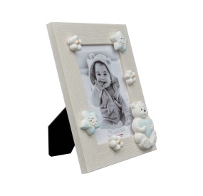 WHITE WOOD PHOTO FRAME BEAR HEART BLUE