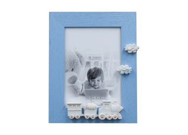 WHITE WOOD PHOTO FRAME BLUE TRAIN