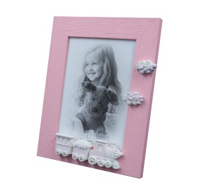 WHITE WOOD PHOTO FRAME PINK TRAIN