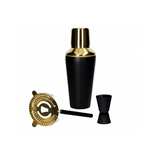 SET DRINK COCKTAIL 3PZ ACCIAIO INOX NERO OPACO E ORO BRANDANI