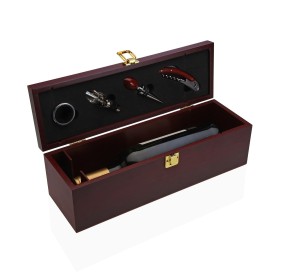 4PCS WINE ACCESSORIES SET + BOTTLE HOLDER RED WOOD