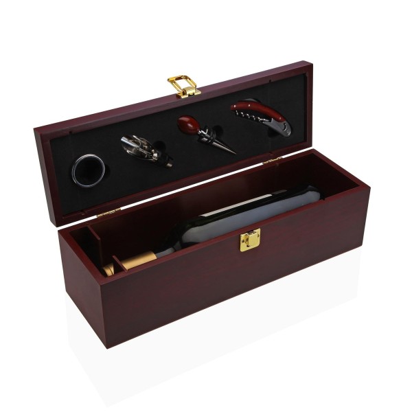 4PCS WINE ACCESSORIES SET + BOTTLE HOLDER RED WOOD