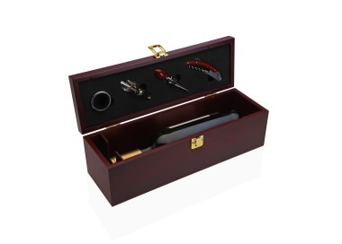 4PCS WINE ACCESSORIES SET + BOTTLE HOLDER RED WOOD