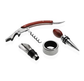 4PCS WINE ACCESSORIES SET + BOTTLE HOLDER RED WOOD