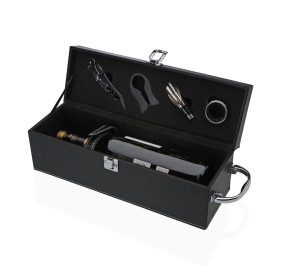 4PCS WINE ACCESSORIES SET + BLACK ECO-LEATHER BOTTLE HOLDER