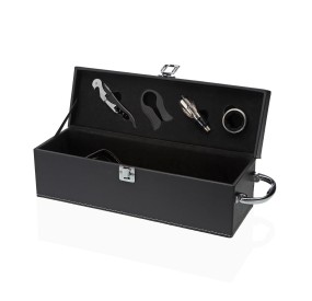 SET ACCESSORI VINO 4PZ + PORTA BOTTIGLIA ECOPELLE NERO