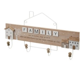 FAMILY WALL COAT RACK 4 HOOKS MDF WOOD AND METAL