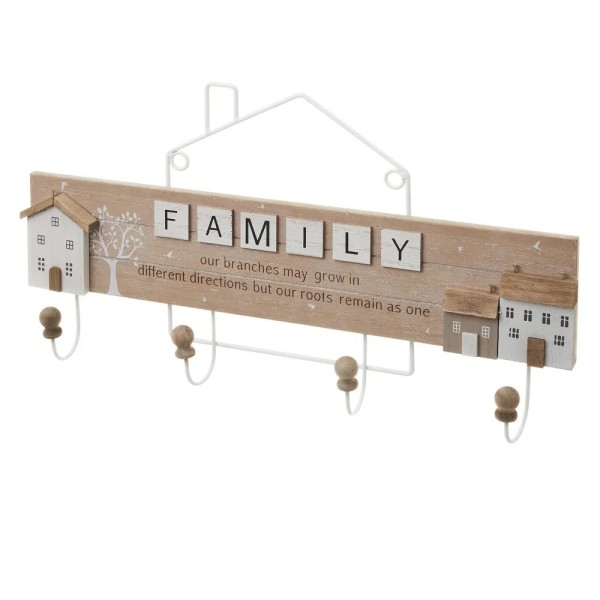 FAMILY WALL COAT RACK 4 HOOKS MDF WOOD AND METAL