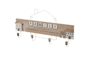 FAMILY WALL COAT RACK 4 HOOKS MDF WOOD AND METAL