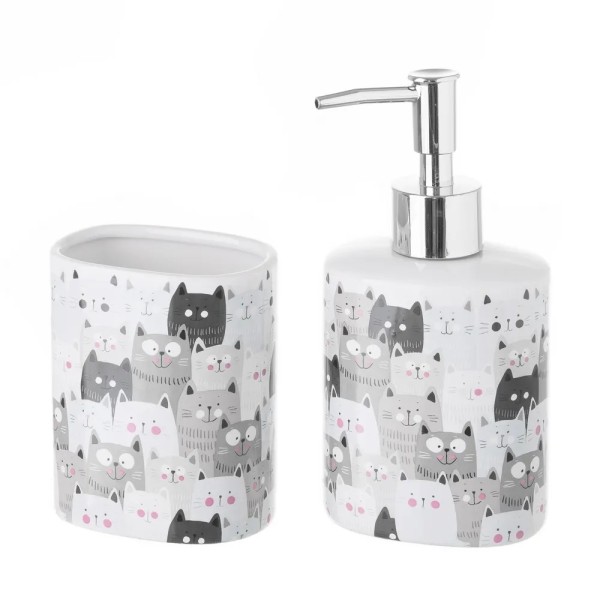 SET 2PCS CATS BATHROOM DISPENSER IN CERAMIC