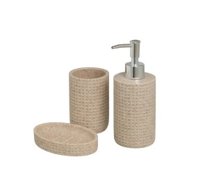 SET OF 3 PCS BEJE POLYRESIN BATHROOM DISPENSER WITH STONE EFFECT