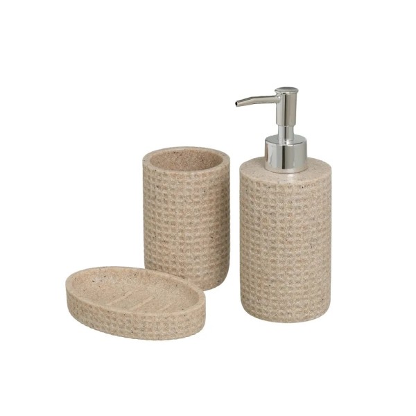 SET OF 3 PCS BEJE POLYRESIN BATHROOM DISPENSER WITH STONE EFFECT