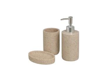 SET OF 3 PCS BEJE POLYRESIN BATHROOM DISPENSER WITH STONE EFFECT