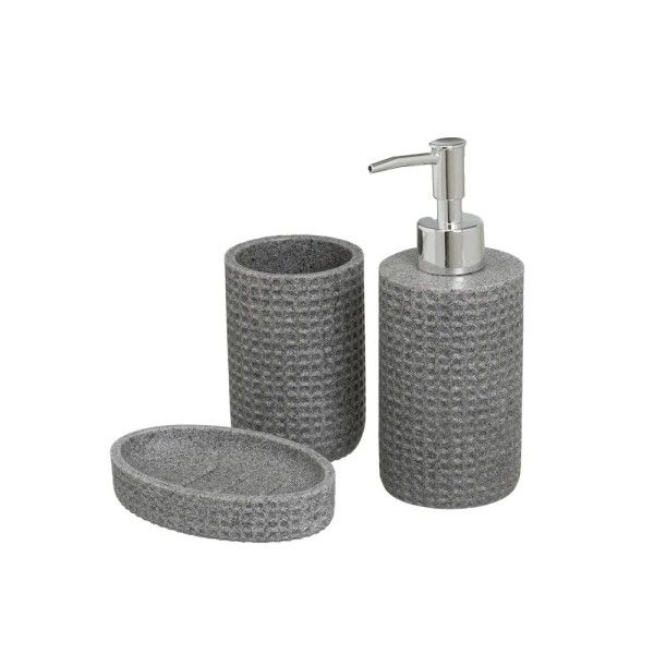 SET 3PZ DISPENSER BAGNO POLIRESINA GRIGIO EFFETTO PIETRA