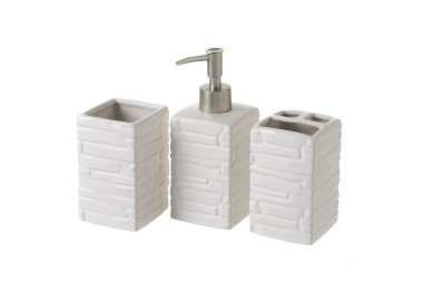 SET 3PZ DISPENSER BAGNO IN CERAMICA BIANCA EFFETTO PIETRA