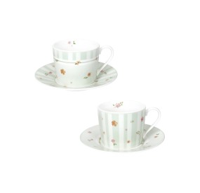 SET 2PCS GREEN POLLEN TEA CUP WITH SAUCER NEW BONE CHINA BRANDANI