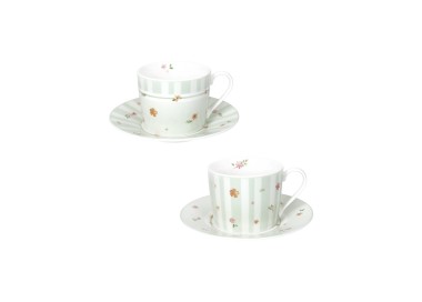 SET 2PCS GREEN POLLEN TEA CUP WITH SAUCER NEW BONE CHINA BRANDANI