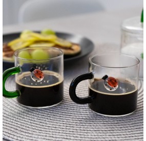 PAIR OF LADYBIRD BOROSILICATE GLASS CUPS WITH COLORED HANDLE