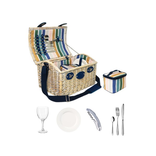 WHITE WICKER PICNIC BASKET FOR 2 PEOPLE