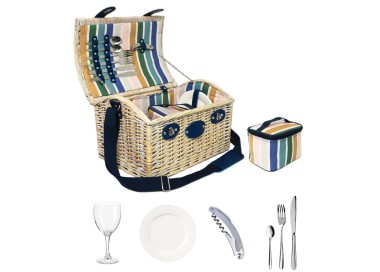 WHITE WICKER PICNIC BASKET FOR 2 PEOPLE