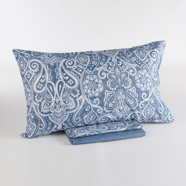 SET OF SHEETS + DOUBLE PILLOWCASES PASLEY - BLUE COLOR 100% COTTON