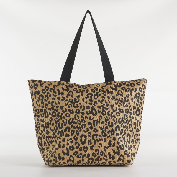 LEOPARD SUMMER BEACH BAG WITH ZIP CLOSURE