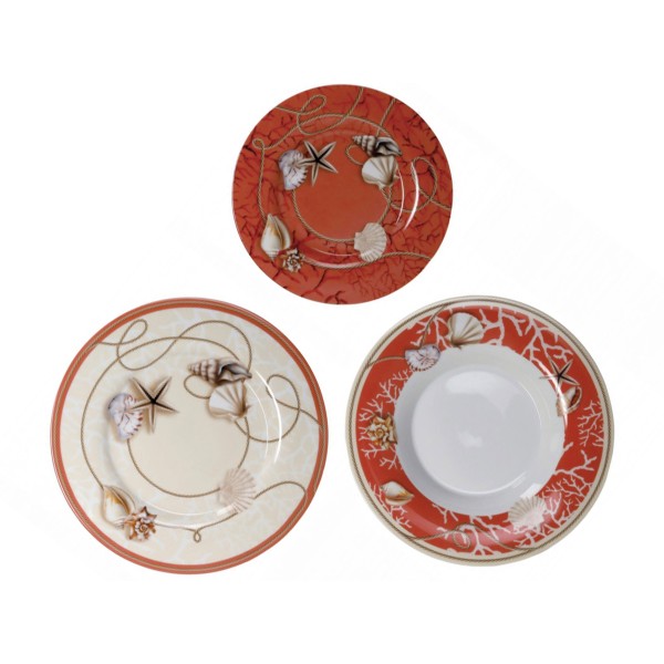 SET TABLE PLATES 18PCS SEA CORALINE SHELLS BRANDANI PORCELAIN