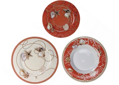 SET TABLE PLATES 18PCS SEA CORALINE SHELLS BRANDANI PORCELAIN