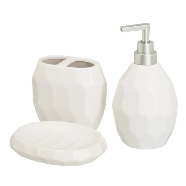 3-PIECE BATHROOM DISPENSER SET IN WHITE CERAMIC - SILVER