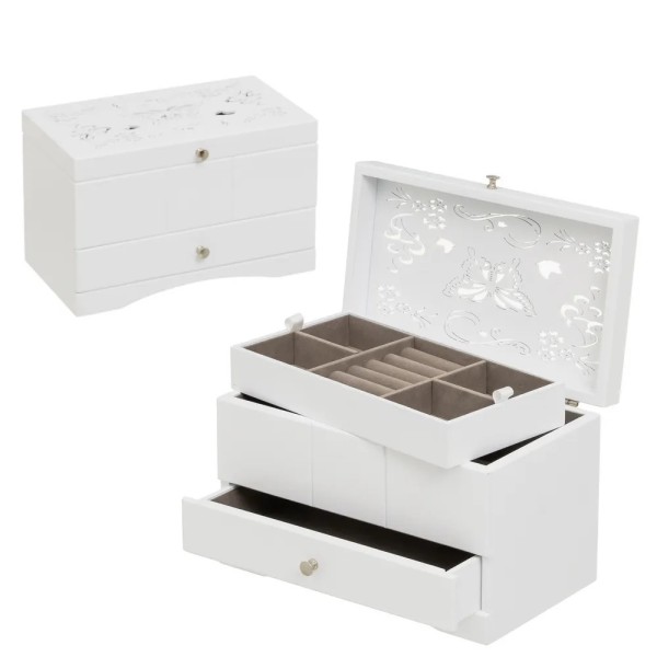 JEWELRY BOX IN WHITE MDF WOOD BUTTERFLY 26x15x16cm