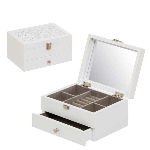 FLORAL JEWELRY BOX IN WHITE MDF WOOD WITH MIRROR 19x14x10cm