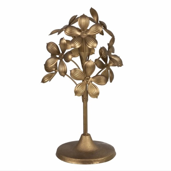 GOLD METAL CANDLE HOLDER WITH FLOWER DECORATION 15x15x30cm