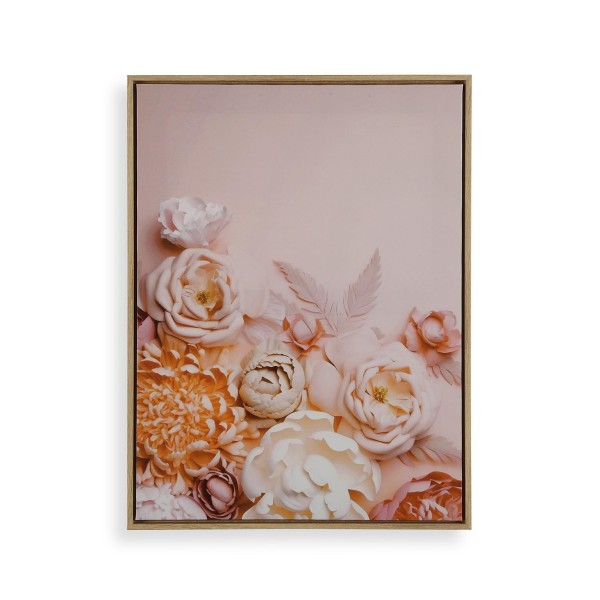 QUADRO SU TELA FIORI ROSE BIANCHE CORNICE LEGNO 45x60cm