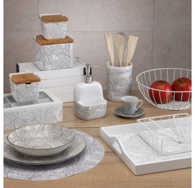 PORTA UTENSILI PORTAMESTOLI DA CUCINA IN CERAMICA BIANCA DECORAZIONE FOGLIE H15cm