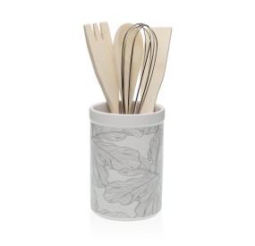 PORTA UTENSILI PORTAMESTOLI DA CUCINA IN CERAMICA BIANCA DECORAZIONE FOGLIE H15cm