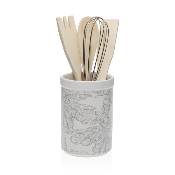 PORTA UTENSILI PORTAMESTOLI DA CUCINA IN CERAMICA BIANCA DECORAZIONE FOGLIE H15cm