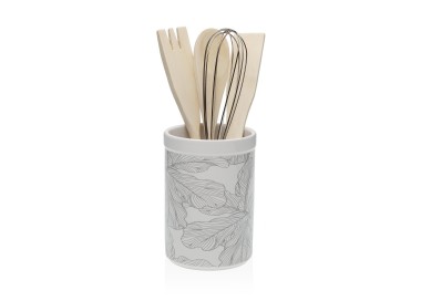 PORTA UTENSILI PORTAMESTOLI DA CUCINA IN CERAMICA BIANCA DECORAZIONE FOGLIE H15cm