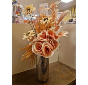 PINK FLORAL ARRANGEMENT WITH SILVER VASE H.78cm