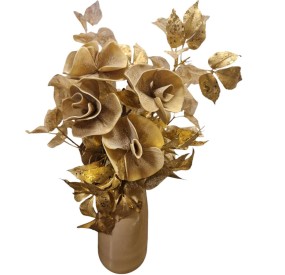 FLORAL ARRANGEMENT OF GOLD FLOWERS WITH BEIGE VASE H.65cm