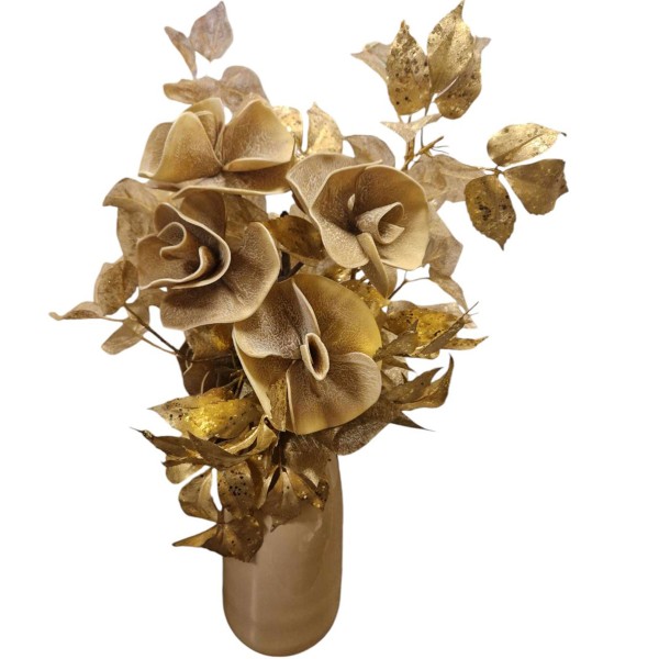 FLORAL ARRANGEMENT OF GOLD FLOWERS WITH BEIGE VASE H.65cm