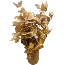 FLORAL ARRANGEMENT OF GOLD FLOWERS WITH BEIGE VASE H.65cm