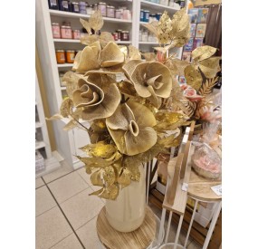 FLORAL ARRANGEMENT OF GOLD FLOWERS WITH BEIGE VASE H.65cm